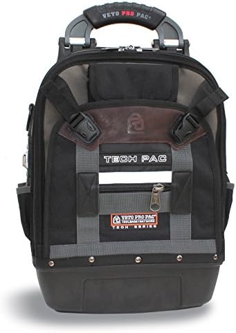 Front view of the Veto Pro Pac Tech Pac showing the 46 vertical pockets and organized tool storage bays.