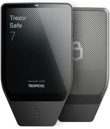 The Trezor Safe 7 crypto hardware wallet in Charcoal Black featuring a large high-resolution color touchscreen and premium aluminum finish.