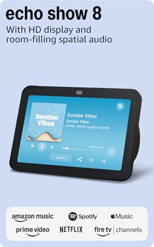 The Amazon Echo Show 8 in Charcoal sitting on a modern kitchen counter displaying a vibrant digital photo frame.