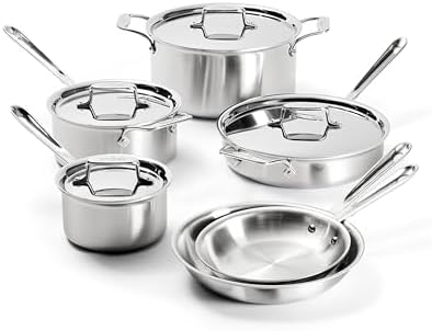Alt Text for image 1: All-Clad D5 cookware set displayed on a kitchen counter