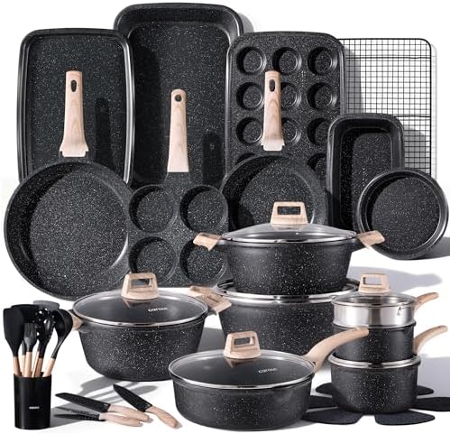 Alt Text for image 1: CAROTE 44pcs Nonstick Cookware Set with various pots, pans, and utensils.