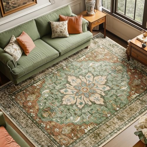 Vintage floral area rug in living room setting